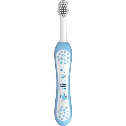 Chicco Set 2 Spazzolini da Denti per Bambini con Ventosa, Testina Arrotondata, Setole Morbide Delicate su Gengive e Dentini, Ampio Manico Antiscivolo, Coprisetole Incluso, 2 Pezzi, Bimbo
