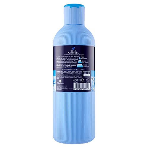 Felce Azzurra - Bagnoschiuma Profumato Muschio Bianco, Bagno Schiuma Detergente Delicato Idratante per Pelle Morbida, Note Fiorite di Rosa e Bergamotto, Bagnodoccia Dermatologicamente Testato, 650 ml