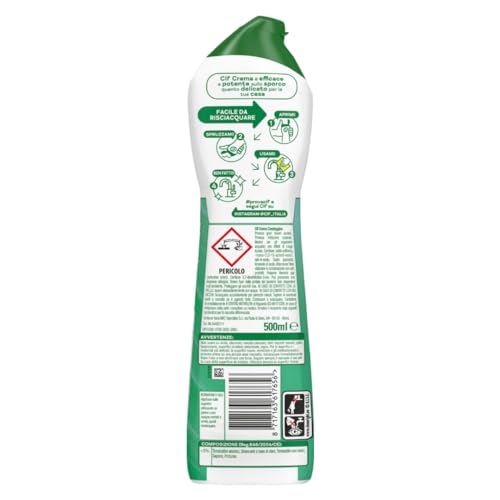 Cif Crema con Candeggina, Detergente per Superfici Dure, Formato 500 ml, Ideale su Grasso Incrostato, Residui di Cibo Bruciato e Macchie di Calcare, con Particelle Pulenti 100% Naturali