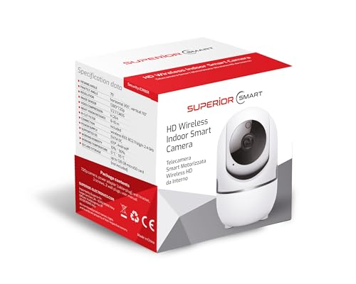 Superior Electronics Security iCM001 - Telecamera WiFi di Sorveglianza da Interno HD 1080p 2.4GHz con Visione Notturna e Audio Bidirezionale - Intercettazione Movimenti - Zoom Manuale - Rotazione 360°