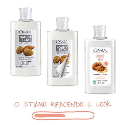 Omia Bagno Seta Erboristico Olio di Mandorla di Sicilia, Bagnoschiuma Ottimo per Pelli Delicate, Secche e Stressate, Azione Idratante, Dona Luminosità ed Elasticità, Dermatologicamente Testato, 400 ml