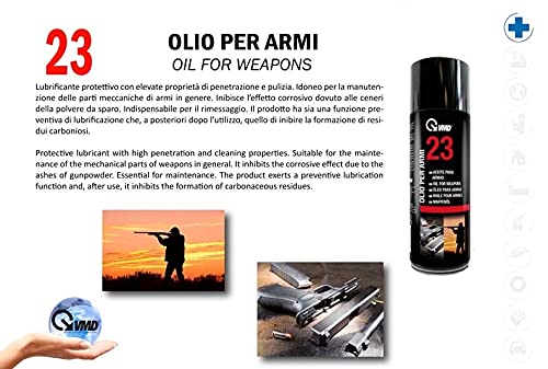 VMD Italia - VMD 23 - Olio per Armi, Lubrificante Protettivo, Spray con elevate Proprietà di Penetrazione e Pulizia, Inibisce l’Effetto Corrosivo delle Ceneri della Polvere da Sparo - 200 ml
