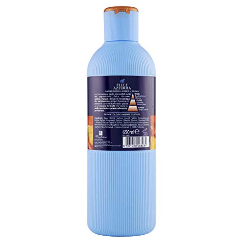 Felce Azzurra - Bagnoschiuma Profumato Argan e Ambra, Bagno Schiuma Detergente Delicato Idratante per Pelle Morbida, Note Dolci di Mandorle e Vaniglia, Bagnodoccia Dermatologicamente Testato, 650 ml