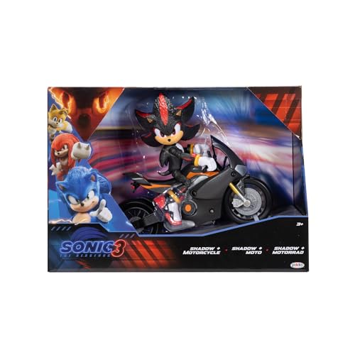 Sonic 3 Movie - Personaggio di Shadow con Motocicletta, Action Figure articolata in scala 13 cm, 13 Punti di Articolazione, motocicletta con Ruote Mobili e Cavalletto Funzionante ispirata al film