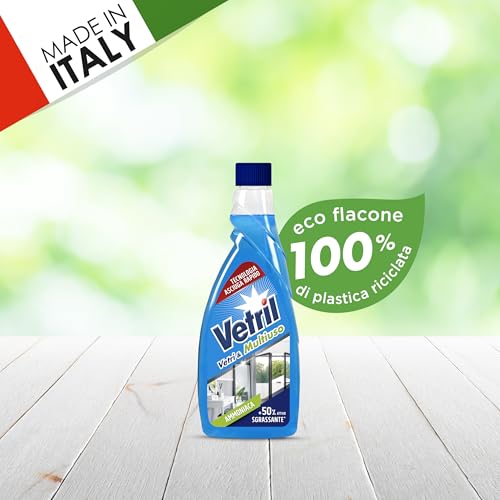Vetril - Ricarica per Detergente Spray Vetri e Multiuso con Ammoniaca, Azione Sgrassante e Tecnologia Asciuga Rapido, in Ecoflacone, 650 ml x 12 Pezzi