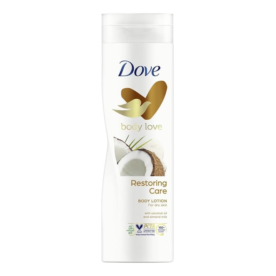 Dove Body Love Restoring Care Lozione per il corpo per pelle secca con olio di cocco e latte di mandorle, 400 ml, confezione da 2
