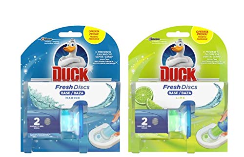 2 confezioni di DUCK FRESH 2 DISCS GEL WC BASE e RICARICA CARTONE ASSORTITO