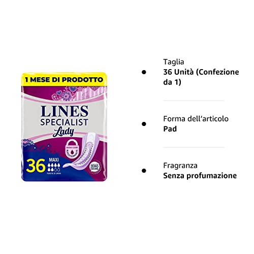 Lines Specialist Lady Maxi, Assorbenti per Incontinenza Donna, con Tecnologia Zero Odore e Barriere Laterali Protettive, Scorta Mensile, 3 Confezioni da 12 Unità