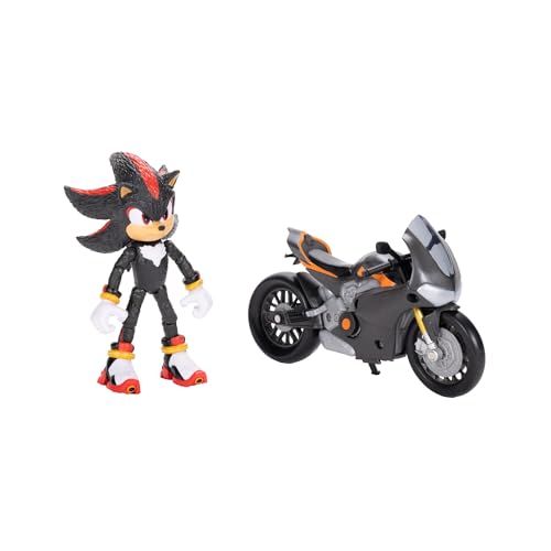 Sonic 3 Movie - Personaggio di Shadow con Motocicletta, Action Figure articolata in scala 13 cm, 13 Punti di Articolazione, motocicletta con Ruote Mobili e Cavalletto Funzionante ispirata al film