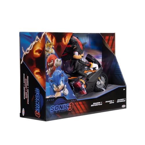 Sonic 3 Movie - Personaggio di Shadow con Motocicletta, Action Figure articolata in scala 13 cm, 13 Punti di Articolazione, motocicletta con Ruote Mobili e Cavalletto Funzionante ispirata al film