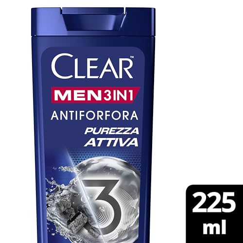 Clear Shampoo Purezza Attiva 3in1, Shampoo Antiforfora con Carbone Attivo e Acido Ialuronico per Capelli, Cute e Corpo, Shampoo Uomo, Fino a 100% Protezione dalla Forfora*, Formato 225ml