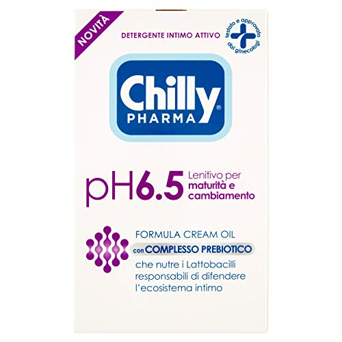 Chilly Pharma, Detergente Intimo Gel, Detergente Per L'Igiene Intima Menopausa - Formula Cream Oil per Pelli Mature, Ph 6.5 - Dermatologicamente Testato - Flacone da 250 ml