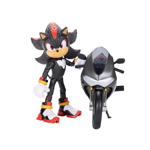 Sonic 3 Movie - Personaggio di Shadow con Motocicletta, Action Figure articolata in scala 13 cm, 13 Punti di Articolazione, motocicletta con Ruote Mobili e Cavalletto Funzionante ispirata al film