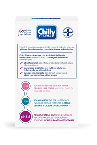 Chilly Pharma, Detergente Intimo Gel, Detergente Per L'Igiene Intima Menopausa - Formula Cream Oil per Pelli Mature, Ph 6.5 - Dermatologicamente Testato - Flacone da 250 ml