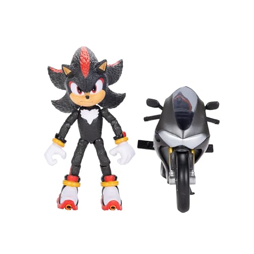 Sonic 3 Movie - Personaggio di Shadow con Motocicletta, Action Figure articolata in scala 13 cm, 13 Punti di Articolazione, motocicletta con Ruote Mobili e Cavalletto Funzionante ispirata al film
