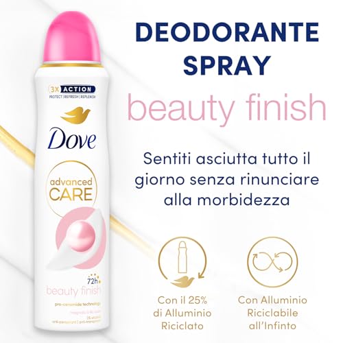 Dove Deodorante Spray Advanced Care Beauty Finish, con Formula Idratante e Delicata sulla Pelle, Senza Alcol, Pelle Asciutta Fino a 72 Ore, Deodorante Uomo e Donna, 6 Pezzi da 150ml