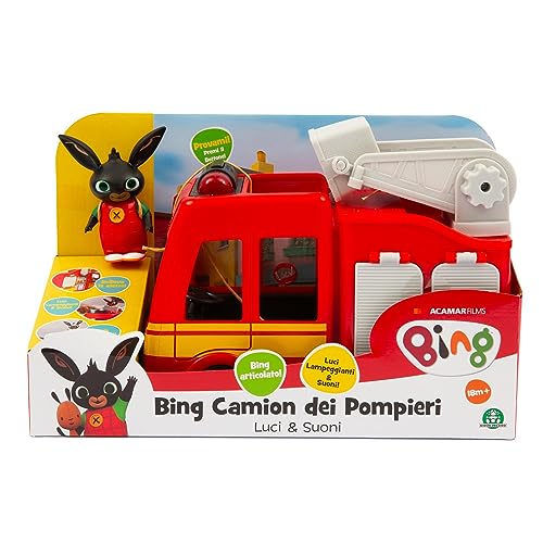 Giochi Preziosi Bing Camion Pompieri Giocattolo, con Luci Lampeggianti e Suoni, Scala Estensibile e Porte Apribili, Giochi Bambini 18 Mesi +, Comprende Personaggio Bing Articolato
