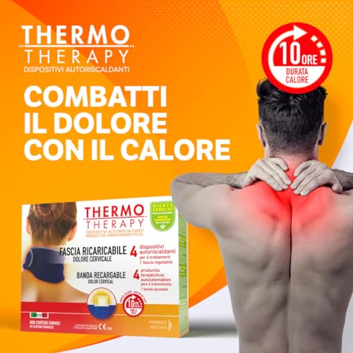 Thermo Therapy Fascia Ricaricabile per Dolori Cervicali, Non Contiene Farmaci, Durata del Calore fino a 10 Ore, Confezione con 1 Fascia Regolabile + 4 Dispositivi Terapeutici Autoriscaldanti