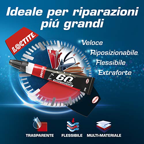 Loctite 60 Secondi Colla Universale, adesivo forte per riparazioni domestiche che incolla in 60 secondi, colla gel trasparente per molti materiali diversi, 1x20g tubetto