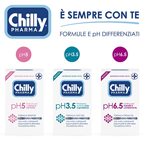 Chilly Pharma, Detergente Intimo Gel, Detergente Per L'Igiene Intima Menopausa - Formula Cream Oil per Pelli Mature, Ph 6.5 - Dermatologicamente Testato - Flacone da 250 ml