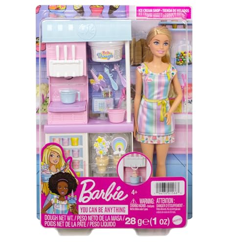 Barbie - Playset Gelateria con Bambola con Macchina per Gelato, Accessori, 2 Tipi di Pasta Modellabile, Giocattolo e Regalo per Bambini 4+ Anni, HCN46