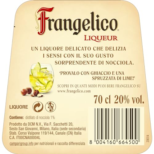 Frangelico - Liquore a Base di Nocciole con Distillati di Semi di Cacao, Vaniglia e Caffè, 20% Vol, Bottiglia in Vetro da 70 cl