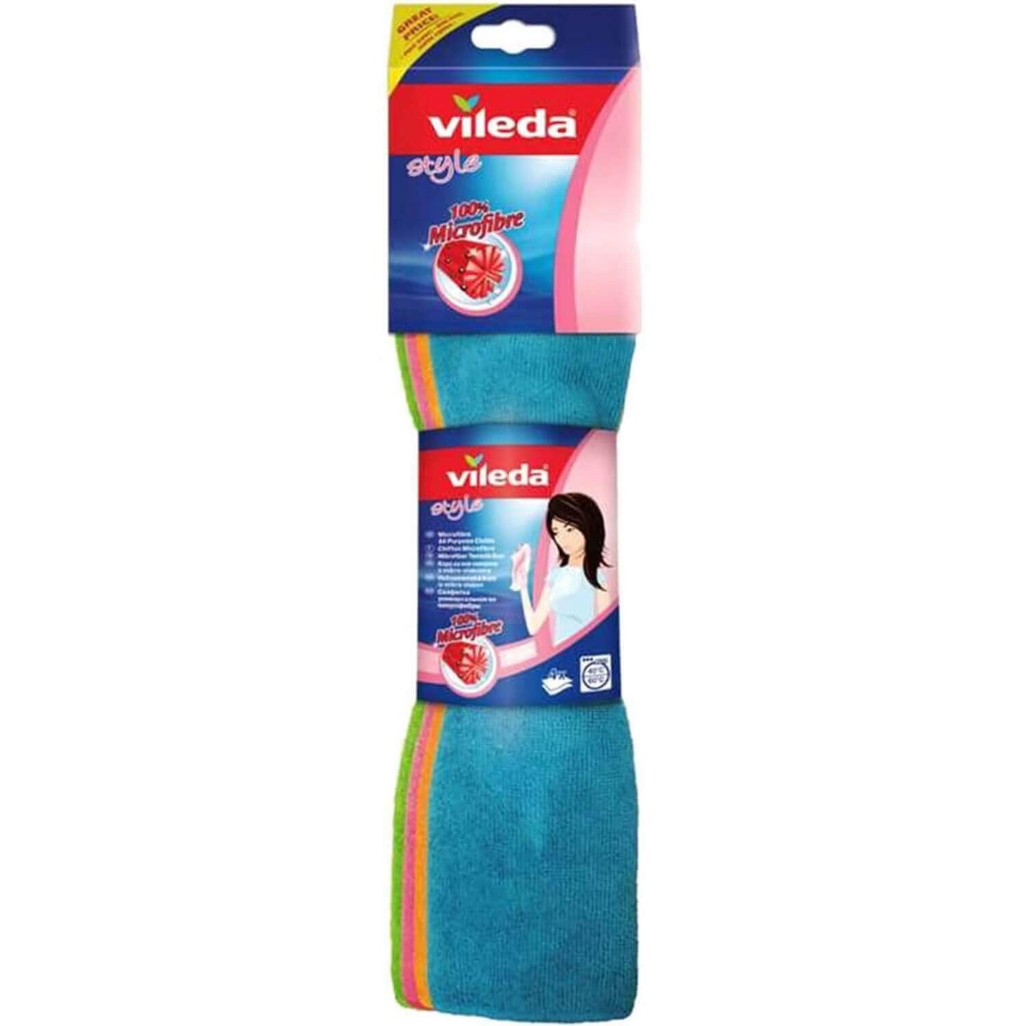 Vileda 06694-31-2-231 Set Panni Multiuso per Vetri, Bagno, Cucina, Mobili, in Microfibra, Colori Assortiti, XL, 36 x 34 cm, 4 unità
