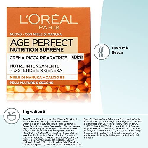L'Oréal Paris Age Perfect Nutrition Supreme Crema Viso Antirughe Riparatrice Giorno, Pelli Mature Secche, 50 ml