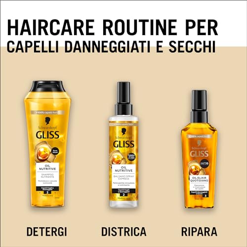 Schwarzkopf Gliss Oil Elixir Quotidiano 75ml, Olio capelli nutriente e idratante arricchito con HAPTIQ System, Siero capelli danneggiati e secchi