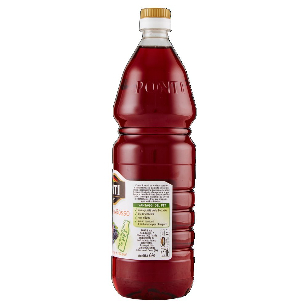Ponti, Aceto di Vino Classico Rosso, Realizzato con Vini Selezionati, Ideale per Accompagnare Verdure Cotte e Crude, Acidità 6%, Profumo Deciso, 100% Made in Italy, 12 Bottiglie in PET da 1L