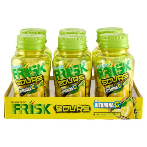 Frisk Sour Lemon, Caramelle Dure, Gusto Limone, senza Zucchero, Confezione da 6 Barattoli con 70 Microcompresse, adatto Fuori Casa o a Lavoro, da Portare Sempre con Te