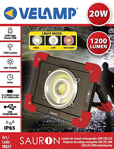 Velamp Sauron Proiettore Ricaricabile LED 20W, con Powerbank e Supporto orientabile. per lavori, Garage, Trekking, Campeggio, Caccia. 20 W, Rosso