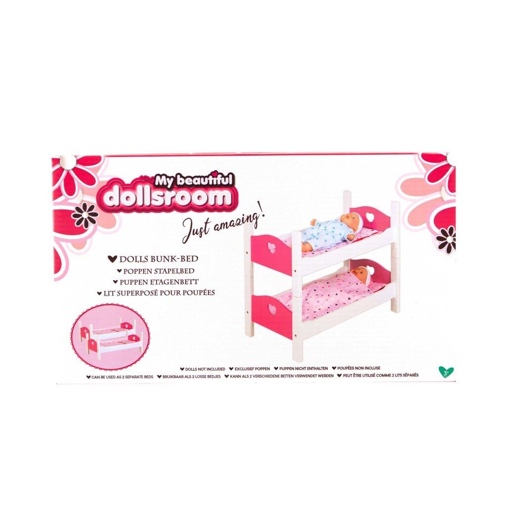 My Beautiful Dollsroom 551-0307 - Letto a castello per bambole, letto a soppalco in bianco e rosa, set da gioco con 2 materassi, 2 cuscini, 2 coperte, per bambini dai 3 anni in su, 54 x 29 x 43 cm