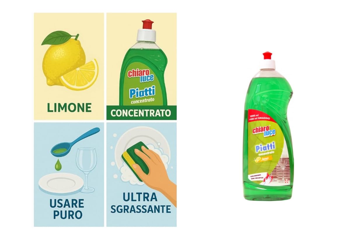 CHIARO LUCE è un detergente concentrato per piatti con una fresca fragranza al limone (Confezione da 6)
