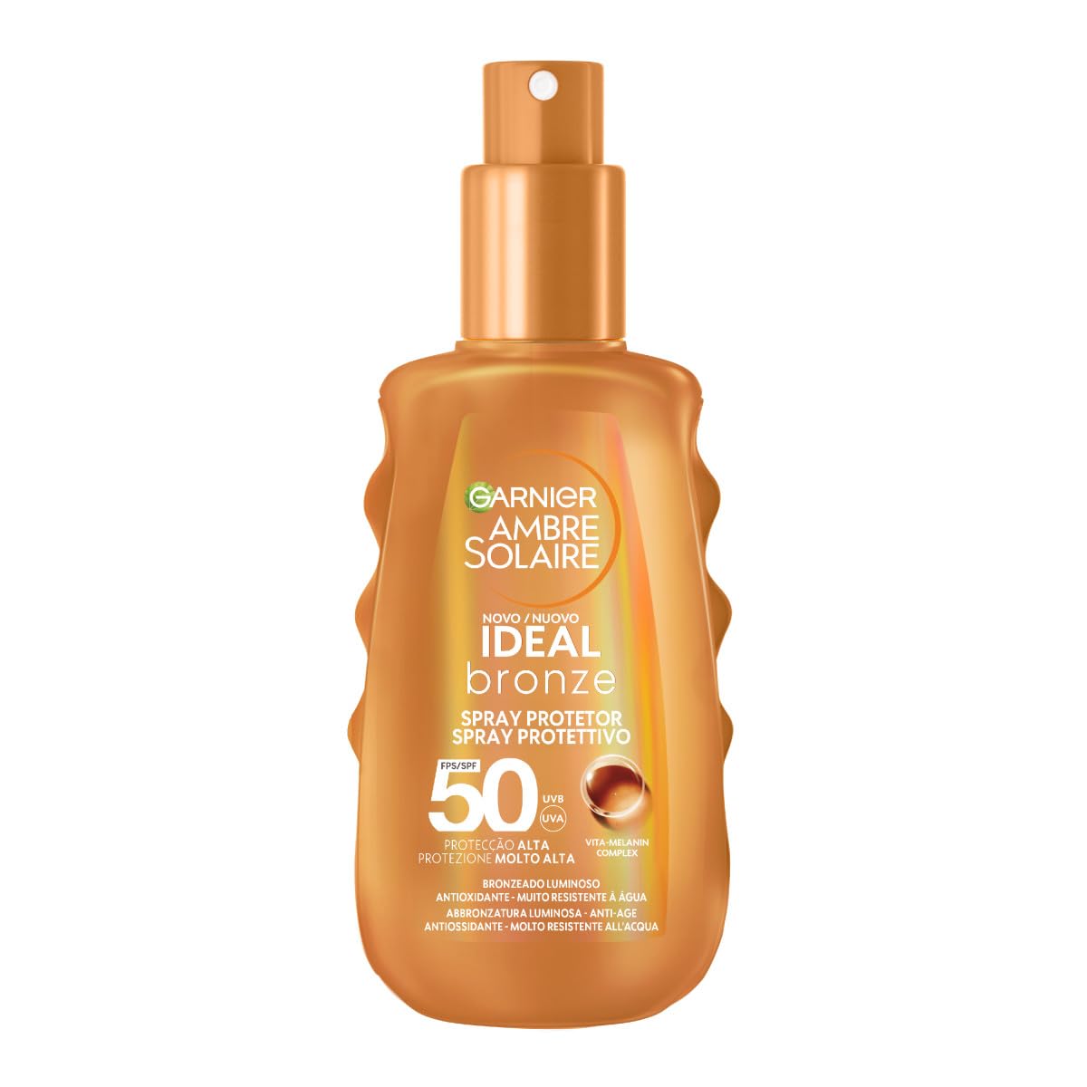 Garnier Latte Solare Spray SPF 50+, Abbronzatura Esaltata e Intensificata, Contro l'Invecchiamento Cutaneo, Resistente all'Acqua, Con Complesso Vita-Melanin, Ambre Solaire, Ideal Bronze, 150 ml