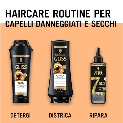 Schwarzkopf Gliss 7 Sec Trattamento Express Riparazione 200ml, Trattamento capelli con Keratina Liquida ed Estratto di Perla Nera, Trattamento alla Cheratina per capelli danneggiati e secchi