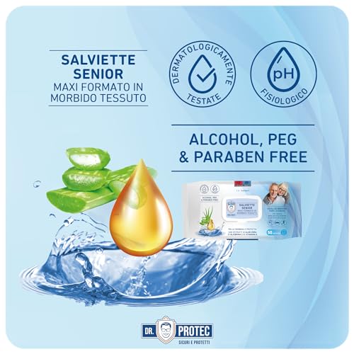 Dr Protec, Salviette Senior, maxi formato 20x27, 50 salviette con Estratto di Aloe Vera e Vitamina E