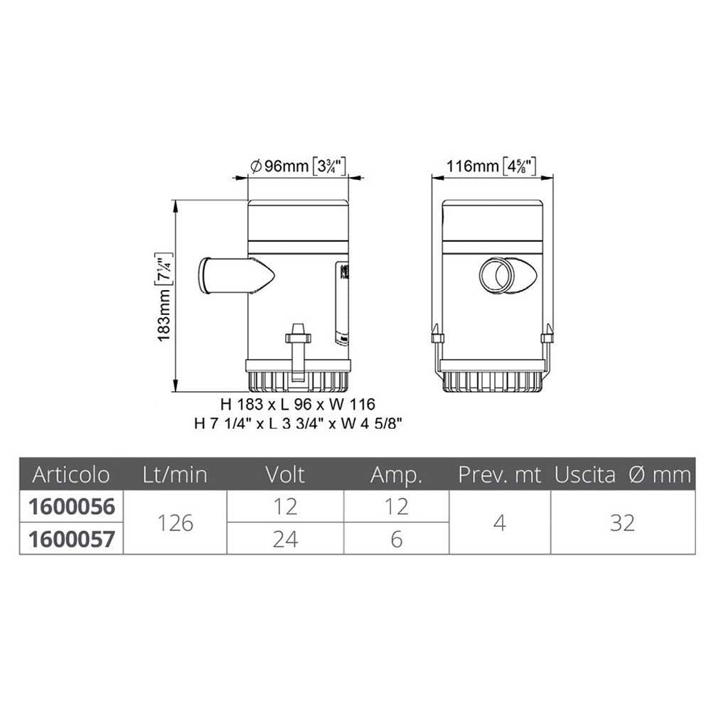 Marco-Pompa Sentina Marco UP 2000 126 Lt/min Modello: 160 160 12 Prevalenza m: 4 Bocca mm: 31,8 mm - 1' 1/4" Portata Lt/min: 126 Lt/min - 2000 gp Consumo Amp.: 12A Dimensioni: 200x96 V: 12