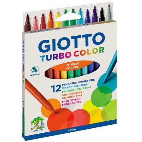 Giotto Confezione da 12 pennarelli colori intensi Turbo Color a punta fine, diam. 2,8 mm, 13 cm x 17,5 cm