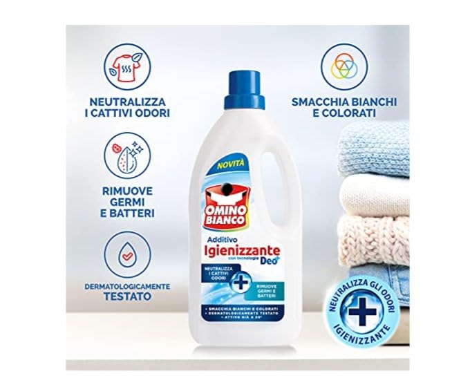 Omino Bianco - Additivo Igienizzante Liquido per Bucato, Contro Batteri e Cattivi Odori, con Tecnologia Deo+, 900 ml