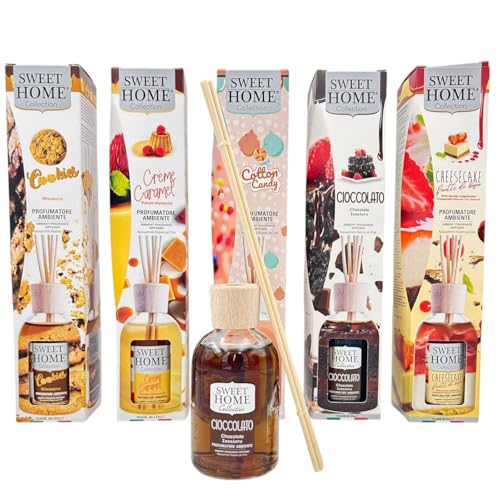 Suarez Sweet Home Collection Profumatore Ambiente Bastancini Olio Essenziale Profumato Diffusore Casa Cioccolato, Cheesecake, Crème Caramel, Cookies, Cotton Candy 100 Ml