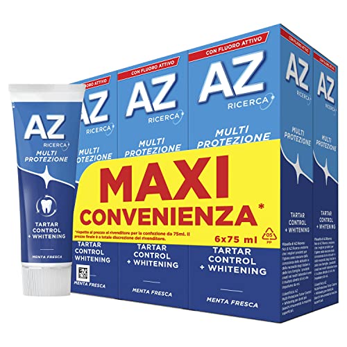 Dentifricio AZ Multi Protezione Tartaro Control, con Azione Sbiancante, Previene il Tataro, Extra Freschezza, Rimuove le macchie superficiali, Maxi Formato da 6 Confezioni X 75ml