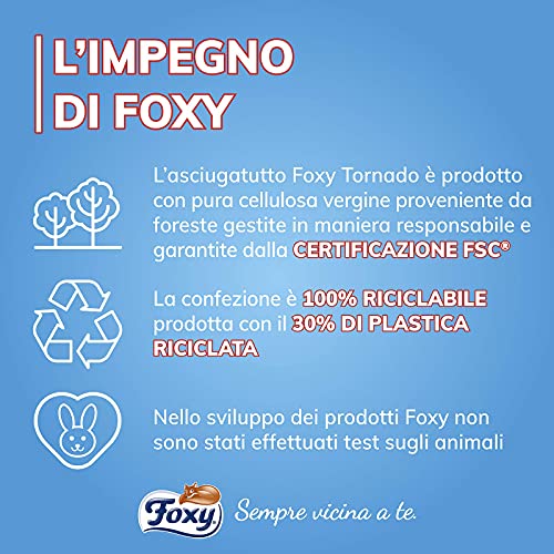 Foxy Tornado | Asciugatutto | 1 rotolo | 250 strappi | Rotolo 3 veli universale | Carta 100% certificata FSC® | Confezione 100% riciclabile