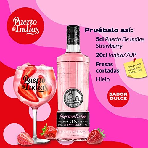 Gin Puerto de Indias - Strawberry Premium Gin - Ginebra Rosa con Fresas Naturales - 70cl - 37.5%
