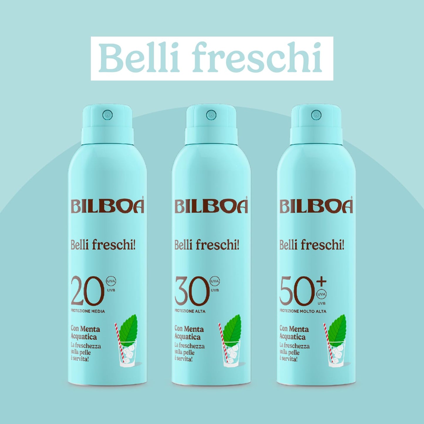 Bilboa Belli Freschi Protezione Solare SPF 50+,con Menta Acquatica, La Freschezza sulla Pelle è Servita, Resistente all'Acqua, Dermatologicamente Testata, 150 ml