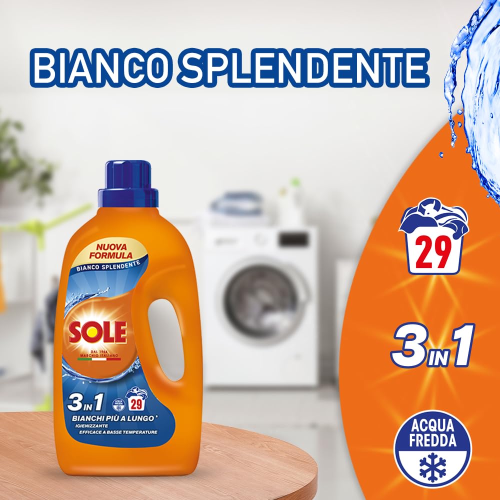 Sole Detersivo Lavatrice Bianco splendente 145 Lavaggi, (5x29), Formula igienizzante, Detersivo Lavatrice Liquido Bianco Splendente, rimuove le macchie a basse temperature