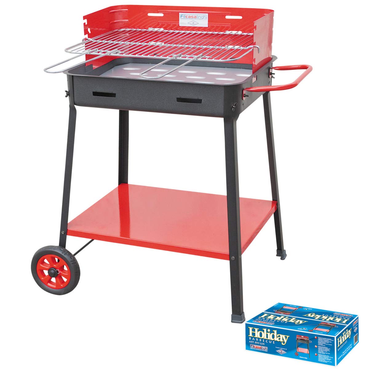 Barbecue Rettangolare '850 Lux' Con Ruote Gommate, Ripiano E Maniglia Laterale.