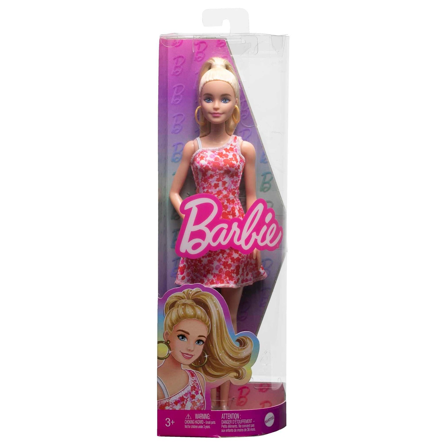 Barbie - Bambola Fashionistas con coda bionda, abito floreale rosa e rosso, sandali con plateau e orecchini a cerchio, giocattolo per bambni, 3+ anni, HJT02