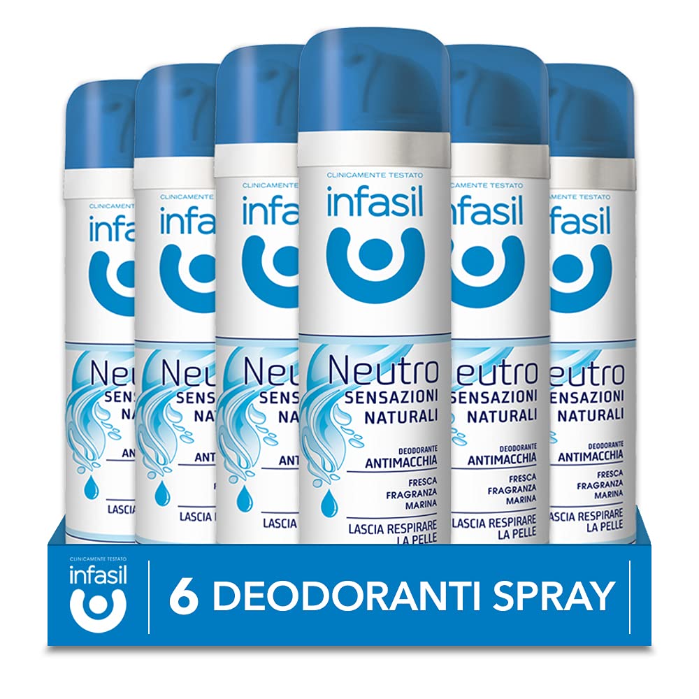Infasil Neutro Sensazioni Naturali, Deodorante Spray Antimacchia Senza Sali di Alluminio, Fragranza Marina, Efficace fino a 24H, Delicato sulla Pelle, 6 Deodoranti da 150 ml