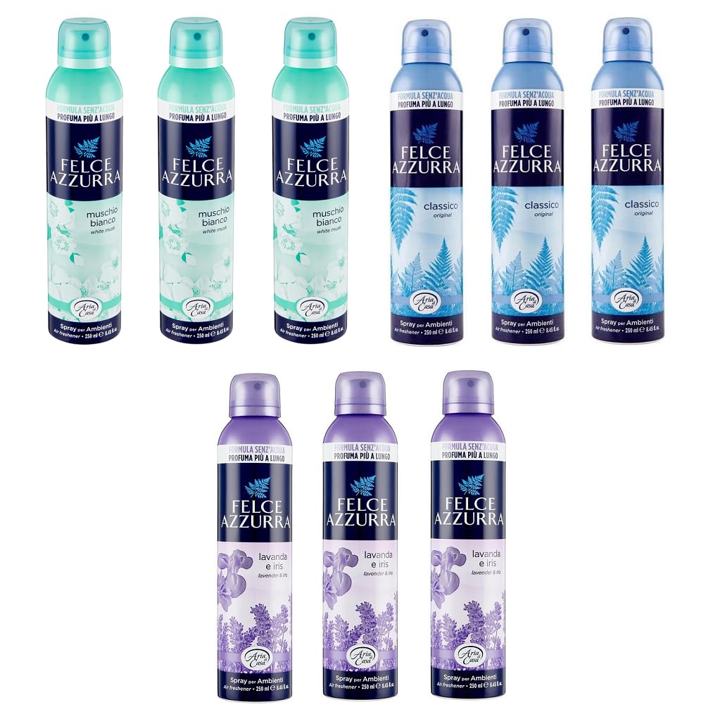 Felce Azzurra Test Pack Spray per Ambienti Room Spray Classico Talco Lavanda e Iris Muschio Bianco (9 x 250ml)
